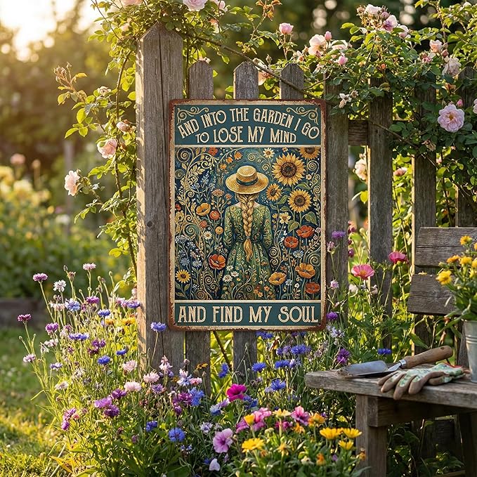 Van Gogh Style Garden Tin Sign - "Into The Garden I Go" Inspirational Metal Plaque with Sunflowers & Girl - 8x12 Aluminum Wall Decor - Metal Sign Artistic Garden Art for Shed, Gardeners, Mom, Women