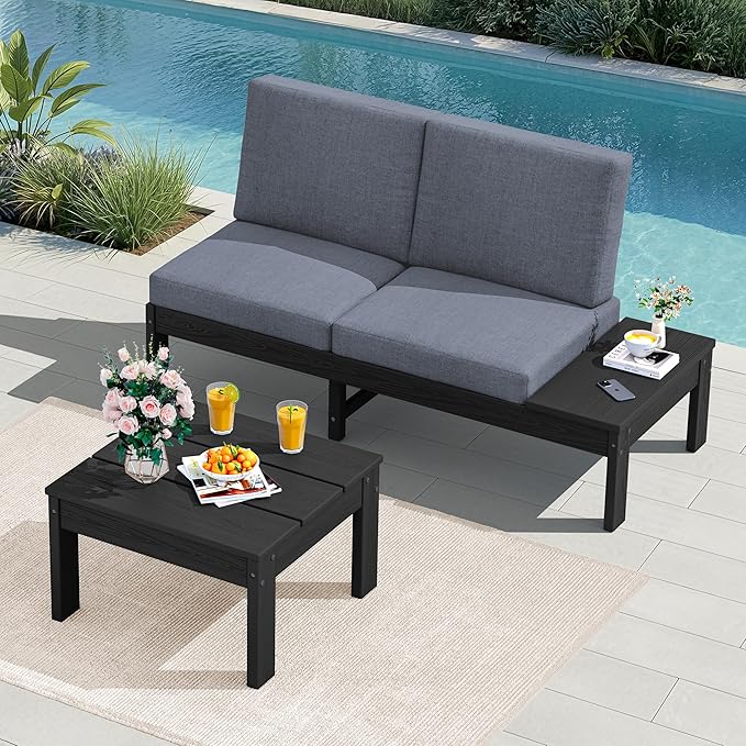 SERWALL HDPE Outdoor Furniture Set, 2 Seats Outdoor Sectional with Coffee Table, All Weather Patio Sofas, Outdoor Conversation Sets with Adjustable Backrest Sofa for Backyard, Garden, Black with Grey