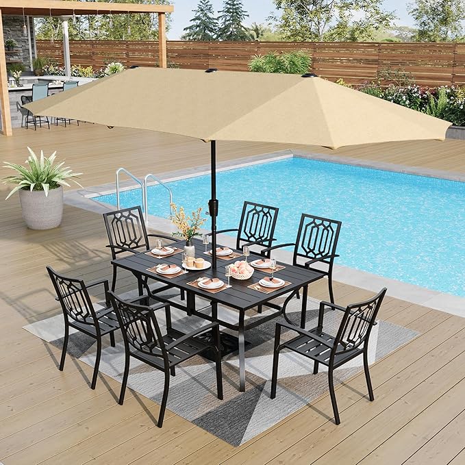 PHI VILLA Patio Dining Set 8 PCS with 13ft Double-Sided Patio Umbrella(Beige)，Metal Outdoor Dining Set - 6 x Outdoor Stackable Chairs, 1 x 60"x38"Rectangle Dining Table and 1 Umbrella