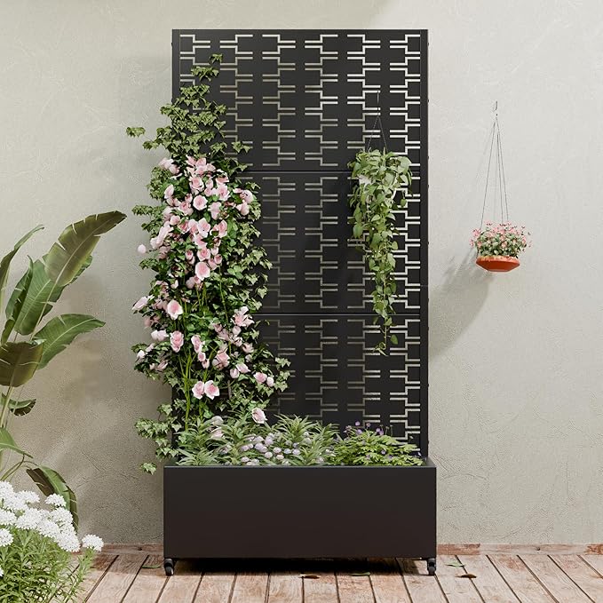 Casaphoria Metal Raised Garden Bed with Trellis and Wheels, 72"x35"x16" Planter Box for Climbing Plants, Vegetables & Vines, Features Drainage Holes and Privacy Screen (Black-Brick)