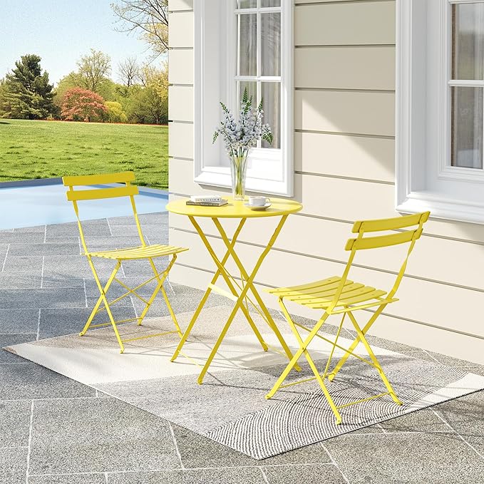 Bistro Table and Chairs Set of 2, 3 Piece Outdoor/Indoor Folding Patio Bistro Sets, 2 Chair Patio Furniture Set with Table, Premium Frame Foldable Coffee Tables for Balcony, Yard, Garden, Yellow