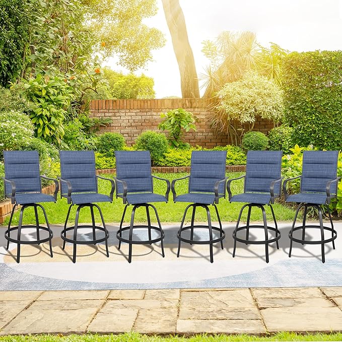 Vongrasig 6 Piece Outdoor Patio Swivel Bar Chairs, All Weather Padded Sling Textile High Top Bar Stools, Bistro Set for Backyard, Lawn Garden, Balcony, Padded Blue