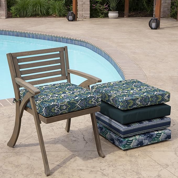 Arden Selections Outdoor Wicker Chair Cushion, 20 x 18, Rain-Proof, Fade Resistant 21 x 21, Sapphire Aurora Blue Damask (Pack of 4)