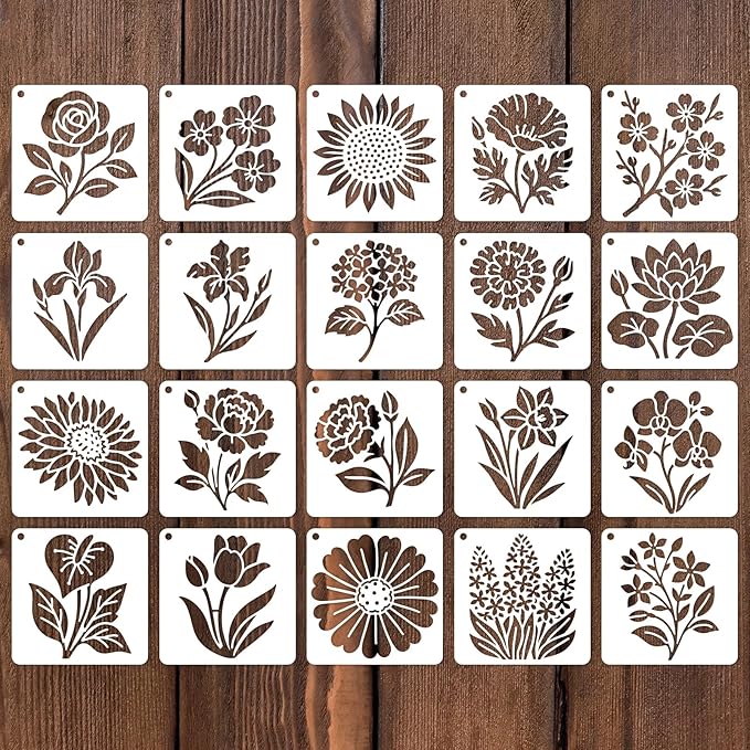 20pcs Flower Stencils for Painting, 3 Inch Reusable Sunflower Plant Botanical Floral Wildflower Templates for Wood Nature Fence Walls DIY Crafts T-Shirts Canvas & Floor Decor
