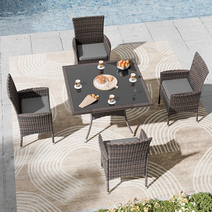 Kullavik 5-Piece Outdoor Dining Set Patio Rattan Furniture Set,Patio Dining Table and Chairs Set with 4 Chairs and Cushions,Square Glass Tabletop with Umbrella Hole for Patio,Grey