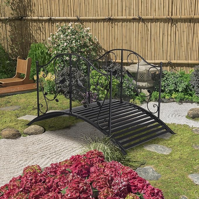 4FT Steel Garden Bridge with Anti-Slip Deck, 330LB Capacity Metal Footbridge for Yard, Pond or Garden - Rust-Resistant Powder Coated & Easy Assembly