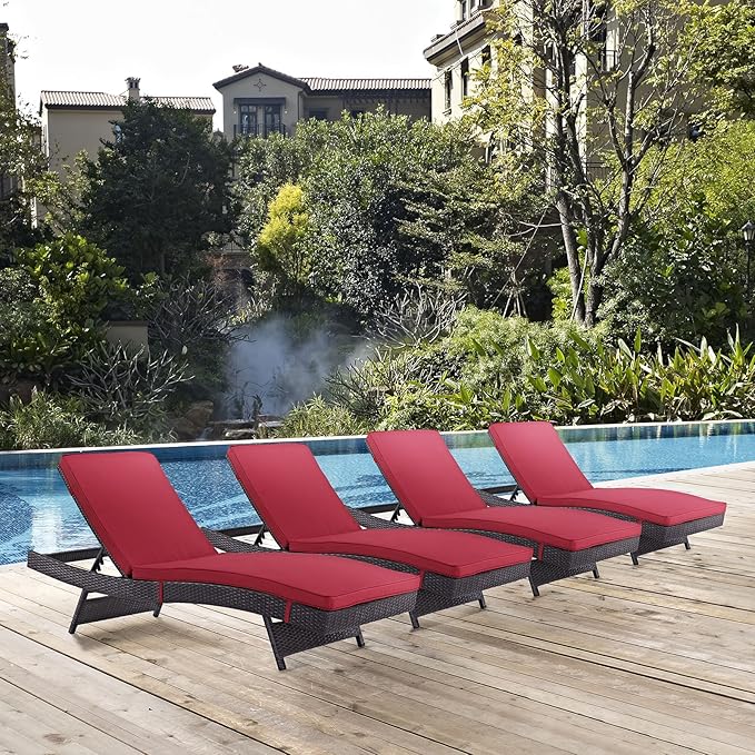 Modway Convene Wicker Rattan Outdoor Patio Chaise Lounge Chairs in Espresso Red - Set of 4