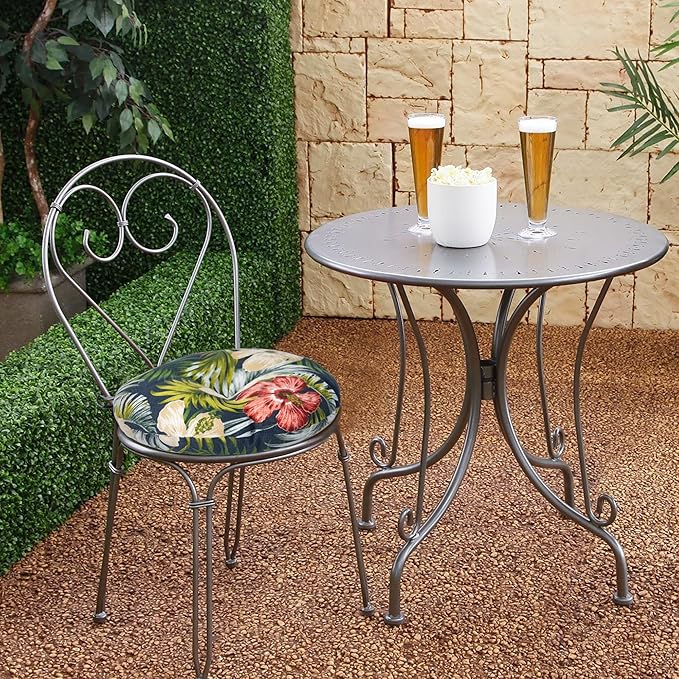 Magpie Fabrics Outdoor Round Bistro Seat Cushions with Ties, 15"x15"x4" Set of 2, Tufted Waterproof Barstool Chair Pads for Patio Home Garden Office, Midnight Floral