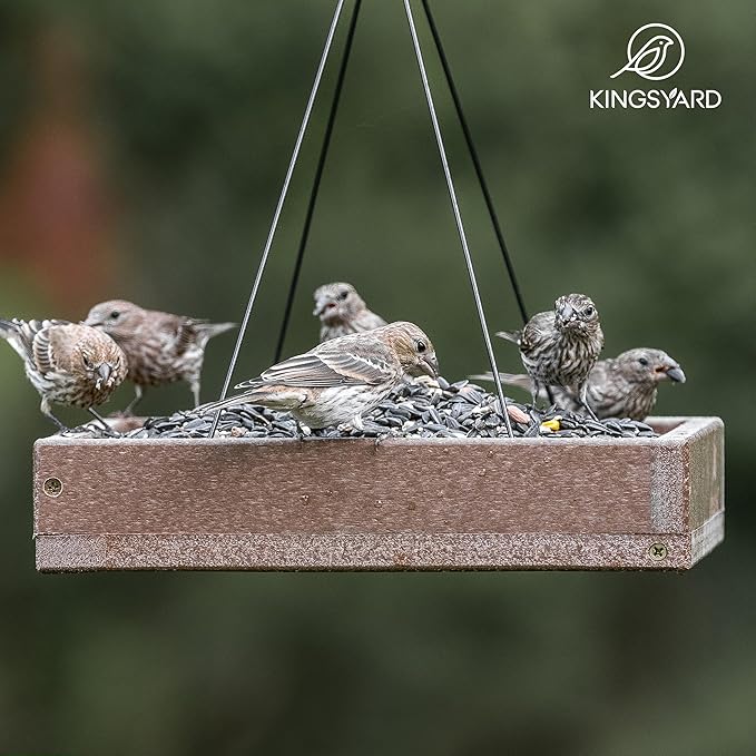 Kingsyard Platform Mealworm Bird Feeder for Outside, Recycled Plastic Hanging Tray Bird Feeders with Large Capacity 3.5 lbs, Premium Quality & Durable, Great for Attracting Wild Birds, Brown