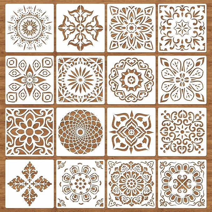 16 Pcs (6 x 6 Inch) Reusable Stencils, Mandala Stencils for Painting DIY Art Scrapbook Fabric Furniture on Wood Floor Wall Tile Easter Decor