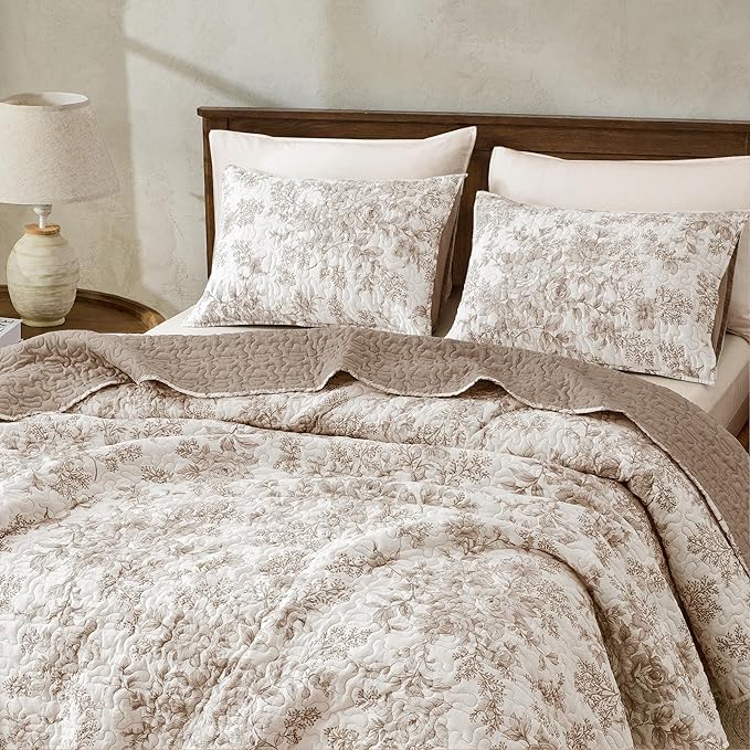 Wonderful Cotton Quilt Set Queen Size Floral Stitch Bedding Set, Taupe Lightweight Bed Cover 3pcs Soft Farmhouse Bedspread Garden Coverlet for All Season