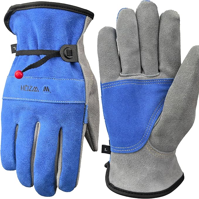 Leather Work Gloves for Men or Women. Large Glove for Gardening, Tig/Mig Welding, Construction, Chainsaw, Farm, Ranch, etc. Cowhide, Cotton Lined, Utility, Firm Grip, Durable. Blue-Grey L