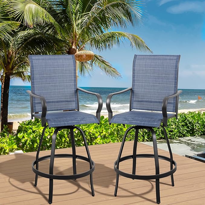 Vongrasig 2 Piece Patio Swivel Bar Chairs, All Weather Metal Textile High Swivel Bar Stools Chairs, Outdoor High Top Bistro Set for Backyard, Lawn Garden, Balcony, Denim Blue