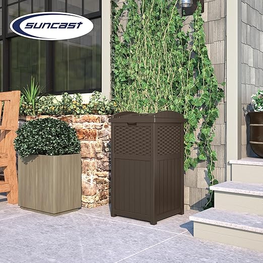 Suncast 33 Gallon Commercial Outdoor Trashcan Hideaway with Lid for 30 to 33 Gallon Trash Bags for Garage, Backyard, or Garden, Brown
