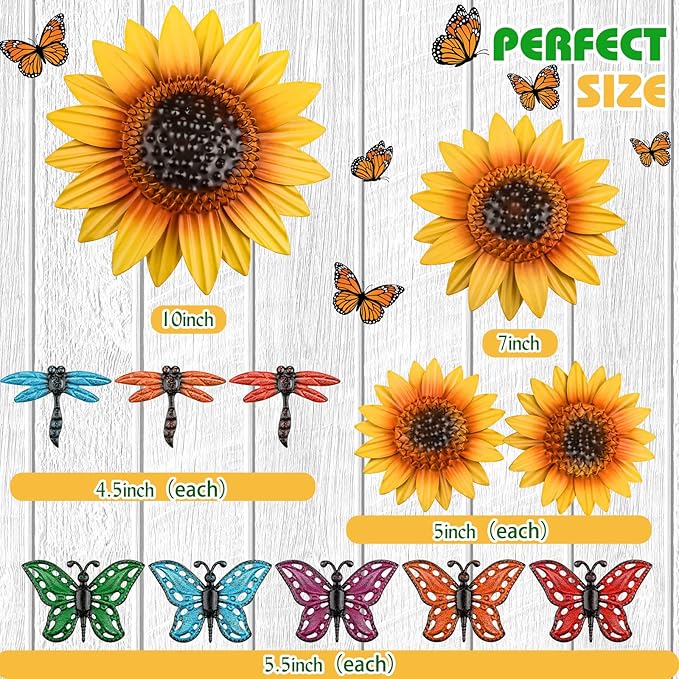 Sweetude 12 Pcs Metal Sunflower Wall Decor with Colorful Dragonfly and Butterfly Decor Flowers Wall Art Metal Yellow Summer Flowers Hanging for Garden Fence Patio Yard Outdoor Porch Home