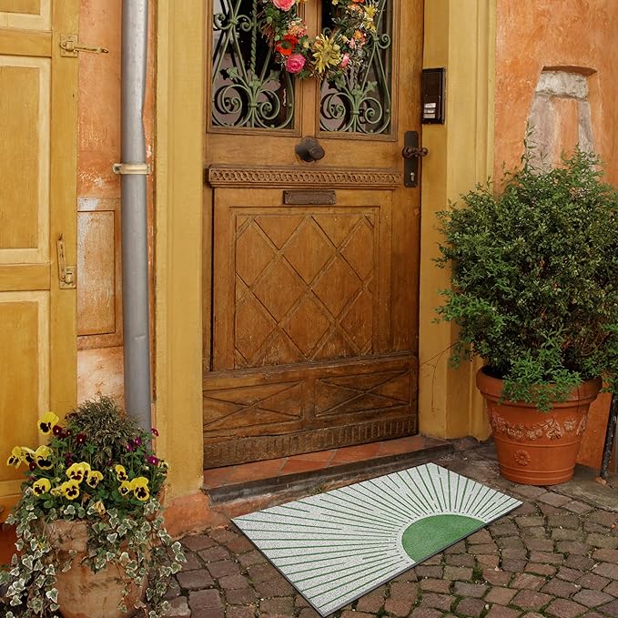Nogrit Abstract Boho Sun Door Mat, Minimalist Green Sunshine Sunray Doormat Bathmat for Indoor Outdoor Entrance, Mid Century Modern Boho Welcome Mats for Front Door Porch Entryway, 17x30 Inches