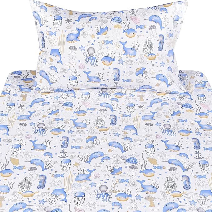 Scientific Sleep Sea Animals Dolphin Whale Octopus Jellyfish Cute Fun 100% Cotton Cozy Twin Bed Sheet Set, Flat Sheet & Fitted Sheet & Pillowcase Natural Bedding Set (Blue Whale, Twin)