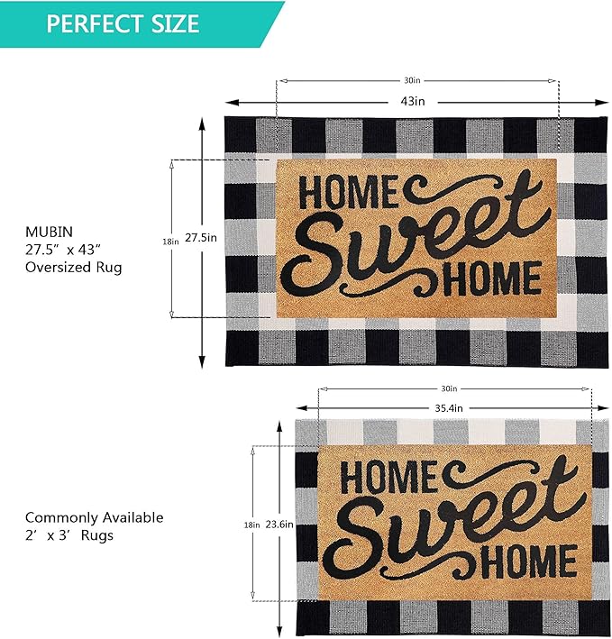 MUBIN Cotton Buffalo Plaid Rug 27.5 x 43 Inches Black and White Check Rugs Hand-Woven Indoor or Outdoor Rugs for Layered Door Mats Washable Carpet for Front Porch, Kitchen, Farmhouse, Entryway