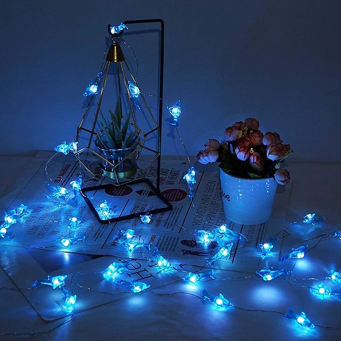 Decorman Dolphin Decorative String Lights, 14ft 40 LED 8 Modes Cool White Weatherproof Battery Operated Ocean Theme Lights for Bedrooms Parties Weddings Gardens with Remote and Timer