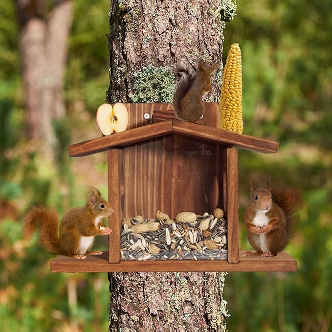 MIXUMON Wood Squirrel Feeder, Squirrel Feeders for Outside Winter, Wooden Chipmunk Feeder for Corn, Peanuts, Durable Box Easy to Fill with Removable Front Panel (Style 2)
