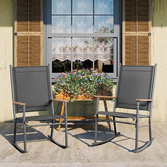 JY QAQA Outdoor Rocking Chair Set of 2, High Back All-Weather Patio Rocking Chairs with Breathable Back Rest for Adult, Ergonomic Design Porch Rocking Chairs for Porch, Garden, Balcony, Pool, Black