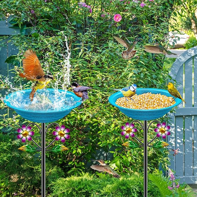 Metal Bird Bath for Outside Garden Birdbath Bowl, Freestanding Bird Feeders for Outdoors with 5 Prongs Base Stake, Standing Birdfeeders Bath Bowl for Yard Decor(Retro Blue)