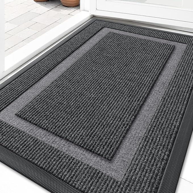 OLANLY Front Door Mat Indoor Outdoor Entrance, Waterproof All-Season, All-Weather Doormat, Sturdy Natural Rubber, Fade Resistant, Low Profile, Easy Clean Patio Porch Entryway Mat, 71x34, Grey