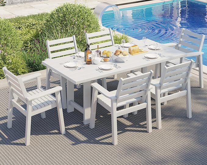 AMERLIFE 7-Piece HDPE Outdoor Dining Set with Umbrella Hole, 71" L Patio Table and Chairs Set for 6, Modern Garden Dining Set for Backyard, Poolside, Porch, White