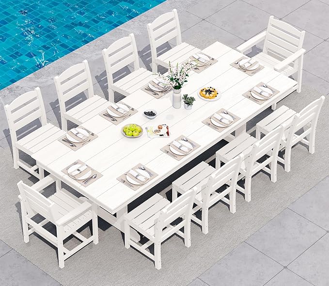SERWALL 11 Piece Outdoor Dining Set, 84" HDPE Outdoor Table and Chairs for 10，All Weather Patio Furniture Set with Umbrella Hole for Backyard, Garden, Brown