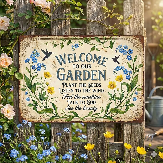 Religious Garden Tin Sign - "Welcome to Our Garden" Inspirational Metal Plaque - 8x12 Aluminum Christian Wall Decor with Bible Verse - Metal Sign Spiritual Gifts for Shed, Mom, Grandma, Prayer Garden
