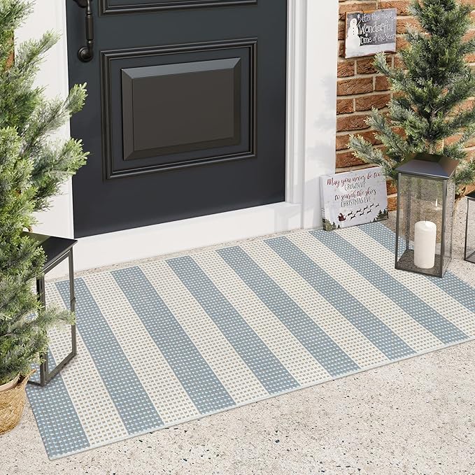 Boho Striped Outdoor Mats for Front Door 2'x4.3',Blue and Cream Washable Rug Runner,Cotton Hand Woven Indoor Outdoor Rugs,Foldable Farmhouse Layered Door Mats for Entryway