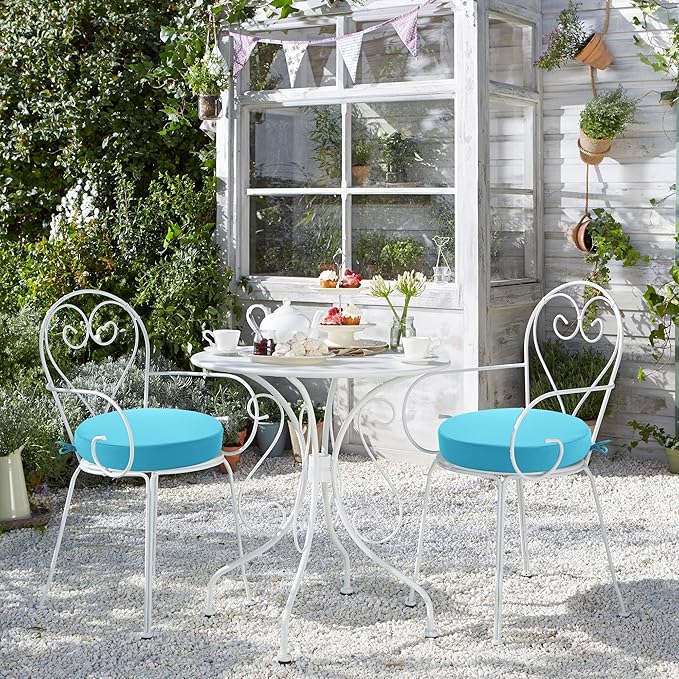 Outdoor Bistro Chair Cushions Set of 2, 15" D x 3" H Round Chair Cushions Waterproof and Fade Resistant Chair Cushion Pads with Non-Slip Ties and Removable Covers for Garden, Teal