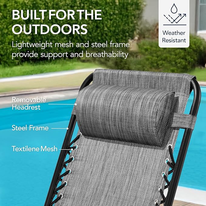 Best Choice Products Outdoor Folding Rocking Chair, Zero Gravity Lounge Chair, Patio Rocker w/Headrest Pillow - Gray