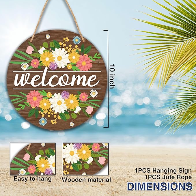 Welcome Front Door Sign, Spring Summer Flower Wooden Hanging Sign, Floral Farmhouse Front Door Hanger, Round Indoor Outdoor Home Porch Window Decor(10"x10")-B03