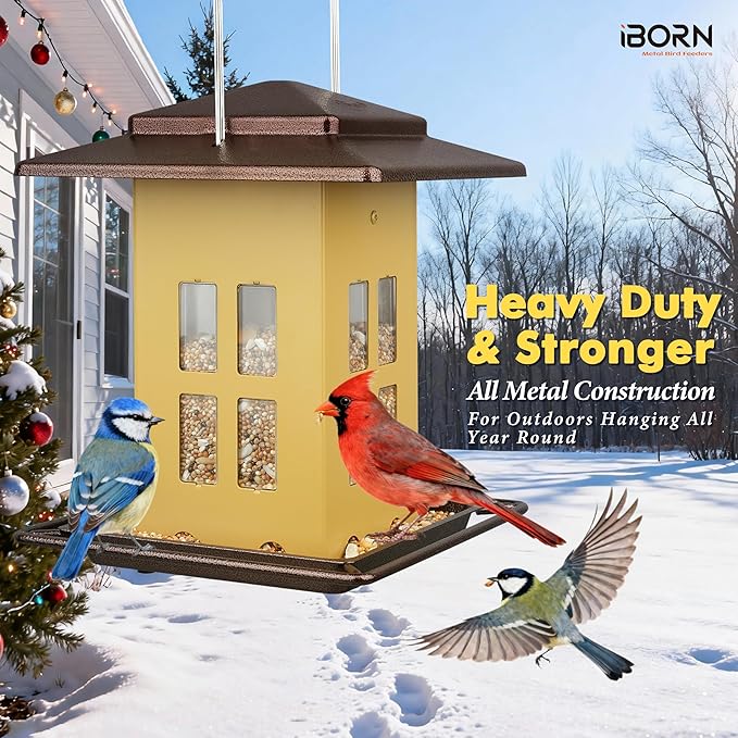 iBorn Bird Feeder for Outdoor Hanging,Metal Bird Feeder Hanging Outside for Cardinal, Double-Sided Hanger Wild Birdfeeder All Metal Constructions, Holds 2.6LB Seed, Muted Yellow,8 Ports