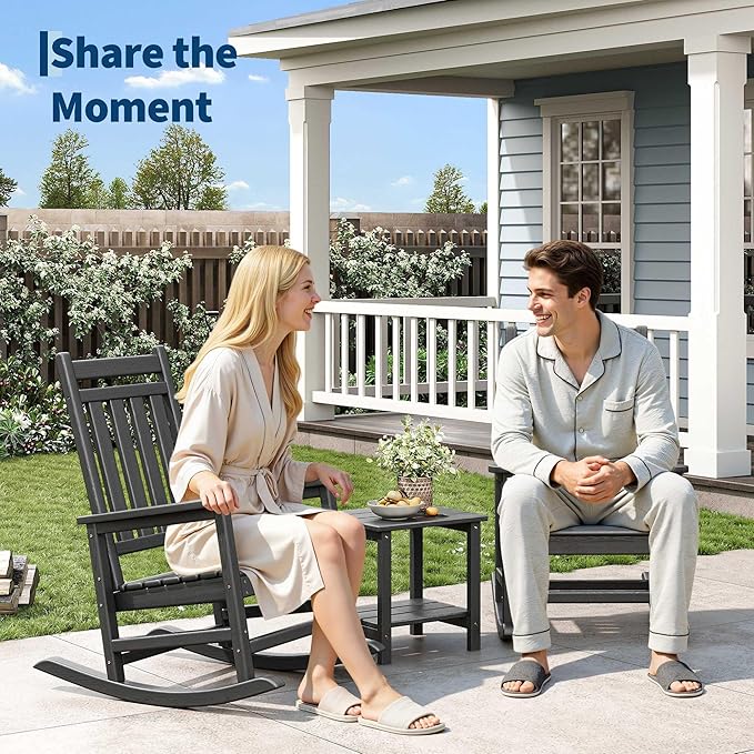 HDPE Rocking Chair Outdoor Set of 4 with 2 Side Table - Poly High Back Porch Rocker Chairs for Adults - All Weather Resistant Furniture for Patio Front Porch - Black