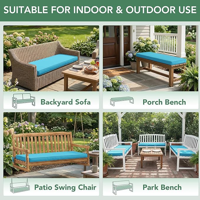 Outdoor Bench Cushion: Waterproof and Fade Resistant Patio Furniture Cushions - Non-Slip Bench Pad Cushion with Removable Cover for Garden Swing Porch Sofa Settee, 45 x 18 Inch, Teal