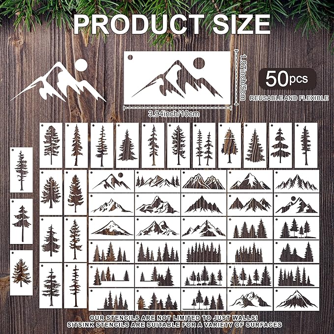 Tree Small Stencils Reusable - Mountain Scene Stencils for Crafts Reuable, Fabric Background Card Scrapbook Journal Decorating