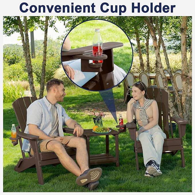 Plawdlik Folding Adirondack Chair Set of 2, Cup Holder，Wooden Textured ，Heavy All-Weather HDPE Comfortable Set Poolside Backyard Lawn Coffee