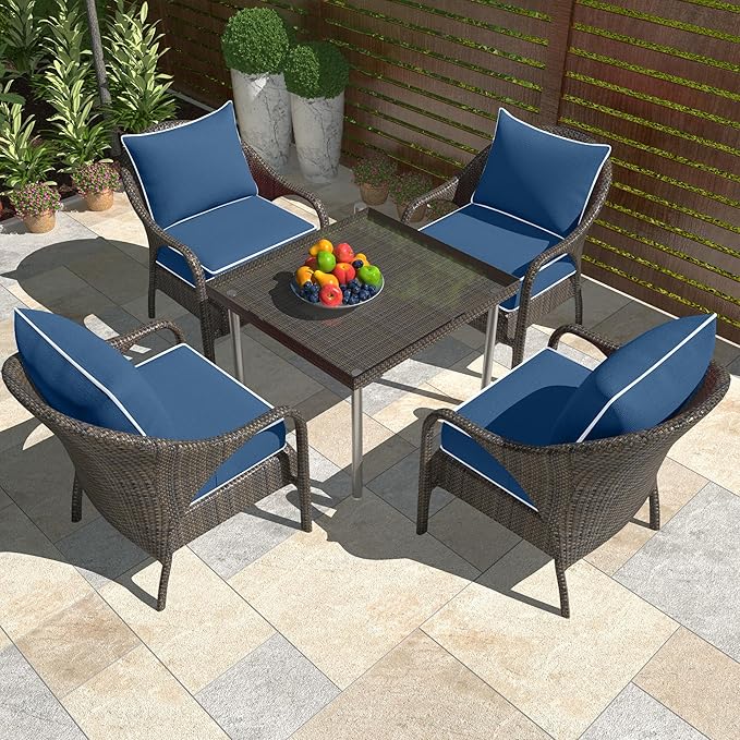 Outdoor Deep Seat Cushion Set, Fade Resistant Patio Chair Cushions, 24x24x6 Inch Patio Sofa Furniture Pad with Removable Cushion Covers (Navy Blue+White Side, 24''Lx24''Wx6''H-1pcs Set)