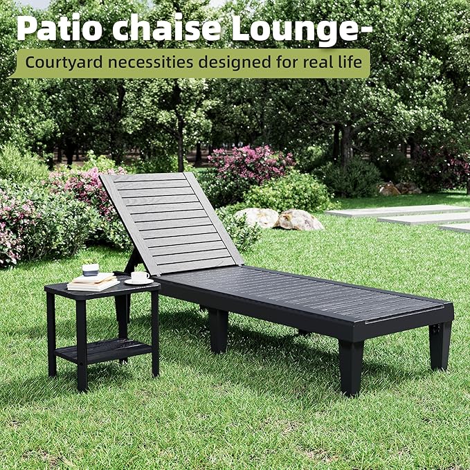 NUNU LAB Outdoor Chaise Lounge Chair Set of 3（2 of Chair and 1 of Side Table）,Waterproof Patio Lawn Chairs Lounge Outside,5-Positions Adjustable Pool Lounge Chair for Garden Beach Poolside,Black