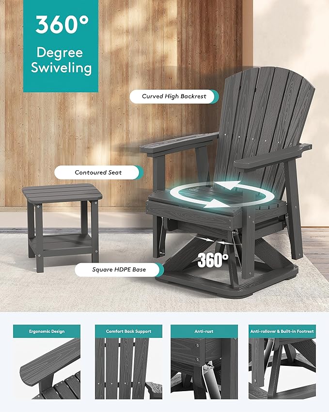 SERWALL Adirondack Swivel Glider Chair, HDPE Outdoor Glider Set of 2, All-Weather Glider Chair for Porch, Balcony, Slate Grey