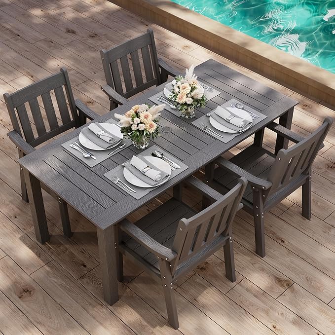YEFU HIPS Patio Table Set: 5 Piece Outdoor Table and Chairs Dining Furniture Set with Umbrella Hole - Gray Modern Plastic Dining Sets 4 Person for Outside Deck with Metal Aluminum Frame