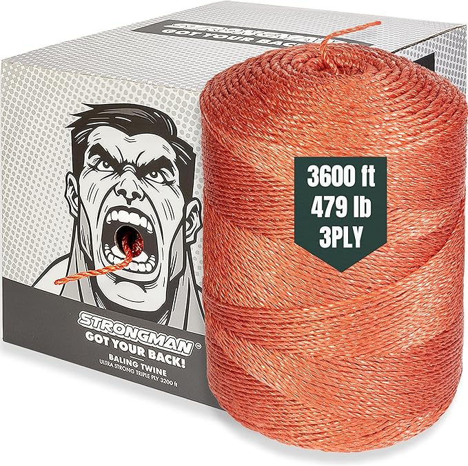 Strongman Baling Twine Roll – 3-Ply, 3600 Ft, 479 LB Strength Twine String - Pull String Rope That Won’t Tangle or Snap When Tying, Bundling, Baling. Ideal for Farming, Gardening & Heavy-Duty Jobs