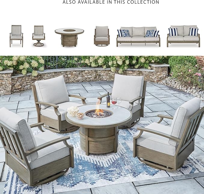 Signature Design by Ashley Rainier Ranch Contemporary Sintered Stone Tabletop Outdoor Fire Pit Table with Pedestal Base, Light Brown & Beige