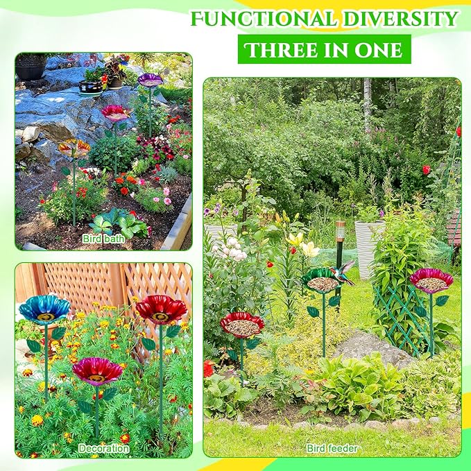 LemonRoad 6 Pcs Metal Bird Baths for Outdoors Flower Pattern Bird Bath Feeders with Metal Stake for Garden Yard Lawn Outdoor Decor