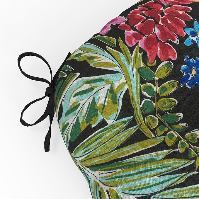Pillow Perfect Tropic Floral Indoor/Outdoor Chairpad with Ties, Tufted, Weather, and Fade Resistant, 17" x 17.5", Paradise Island Black, 2 Count