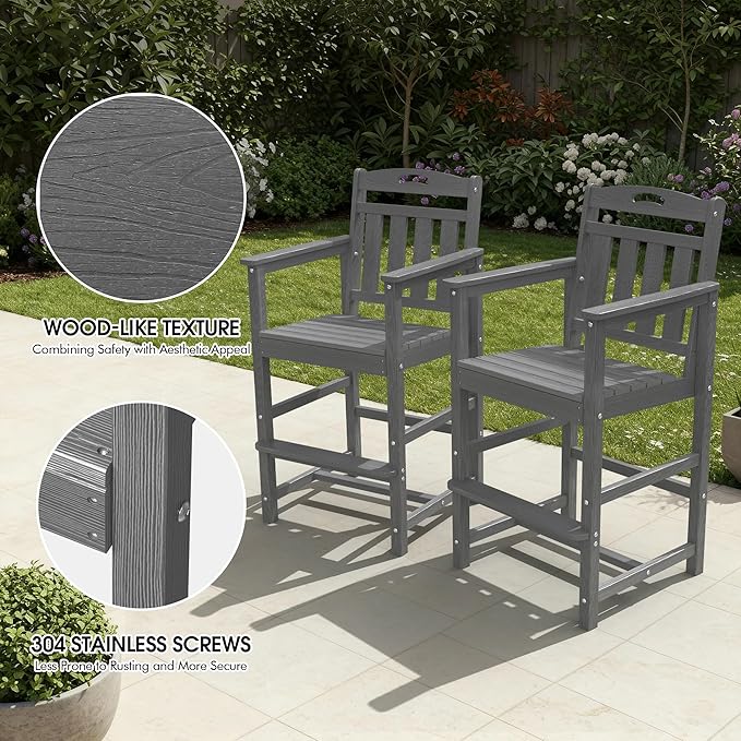 Ciokea Outdoor Bar Stool, Oversized HDPE Patio Bar Chair with 27" Seat Height, Heavy Duty Modern Tall Outdoor Chairs Bar Funiture for Bar Deck Balcony Kitchen Counter Yard, Grey