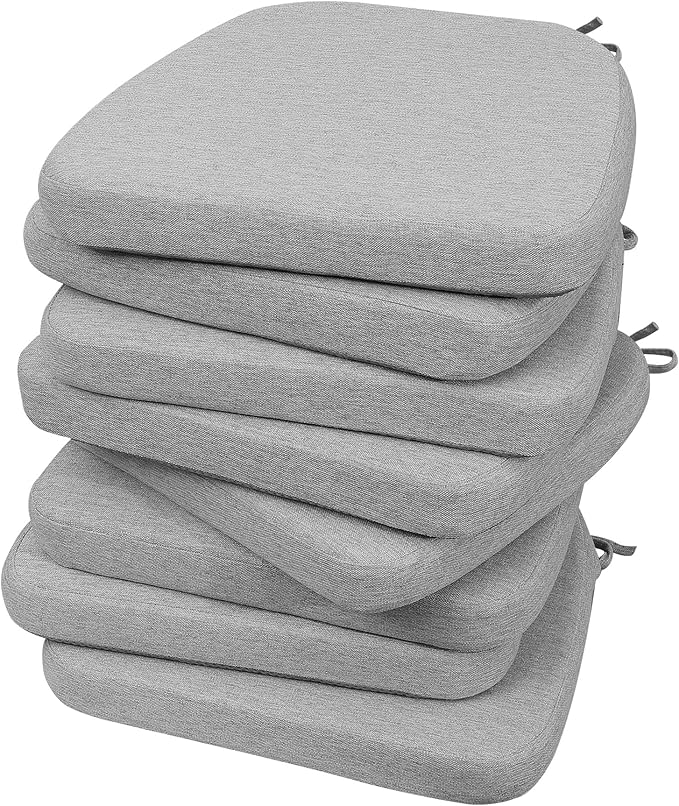 AAAAAcessories D-Shaped Chair Cushions, 2" Thick Dining Chair Pads with Ties and Removable, Machine-Washable Cover, 17" x 16", Set of 8, Light Gray
