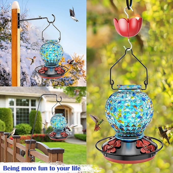 Hummingbird Feeder, Glass Hummingbird Feeder for Outdoors, Vibrant Colors Attract Hummingbirds, 18 Ounces, Diamond Ball Shape Bottle